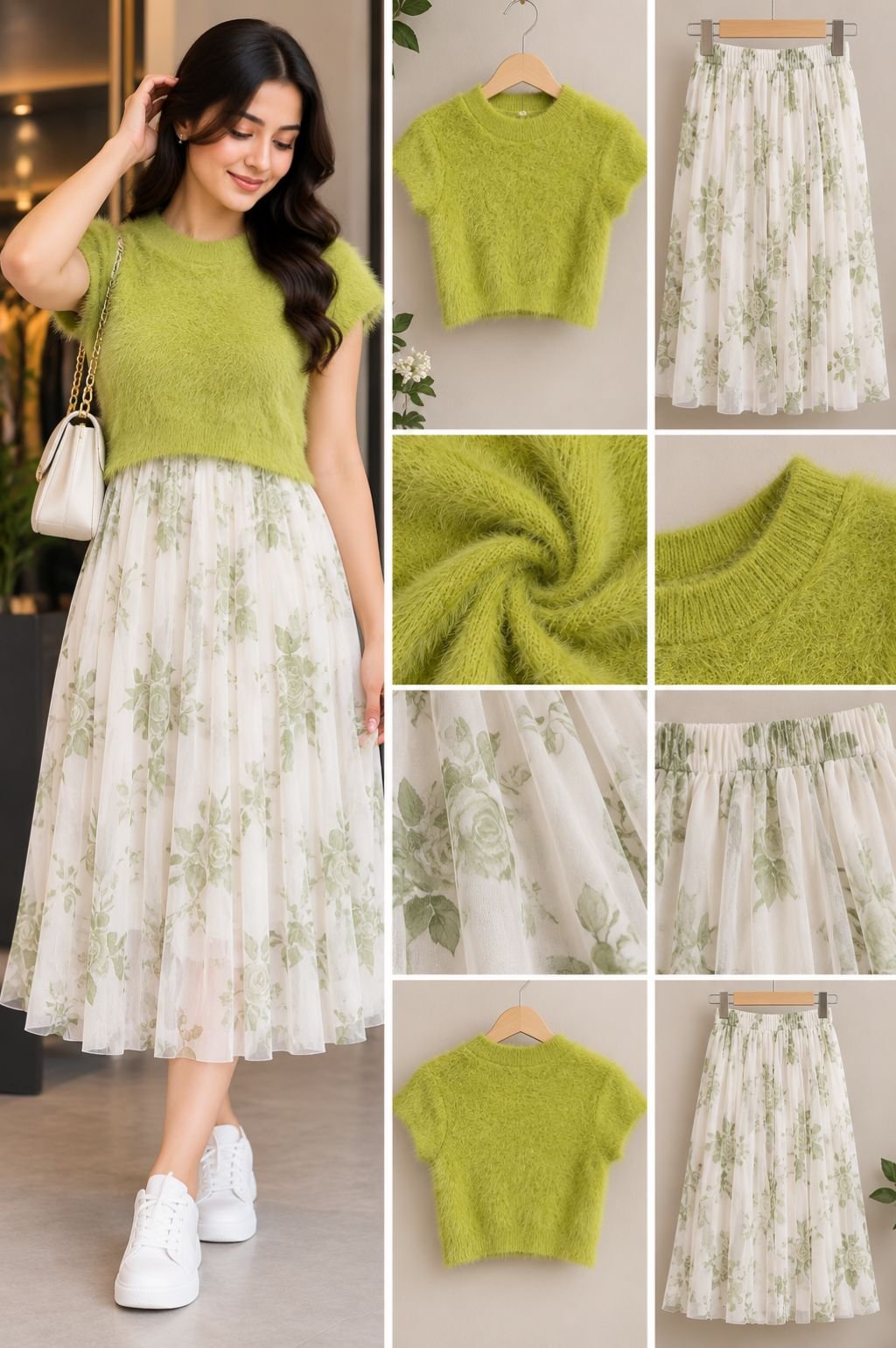 Lime Green Fuzzy Knit Top with Green Floral Tulle Midi Skirt