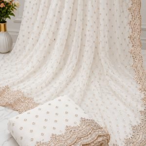 Cream Georgette Saree with Gold Sequin Scalloped Hem