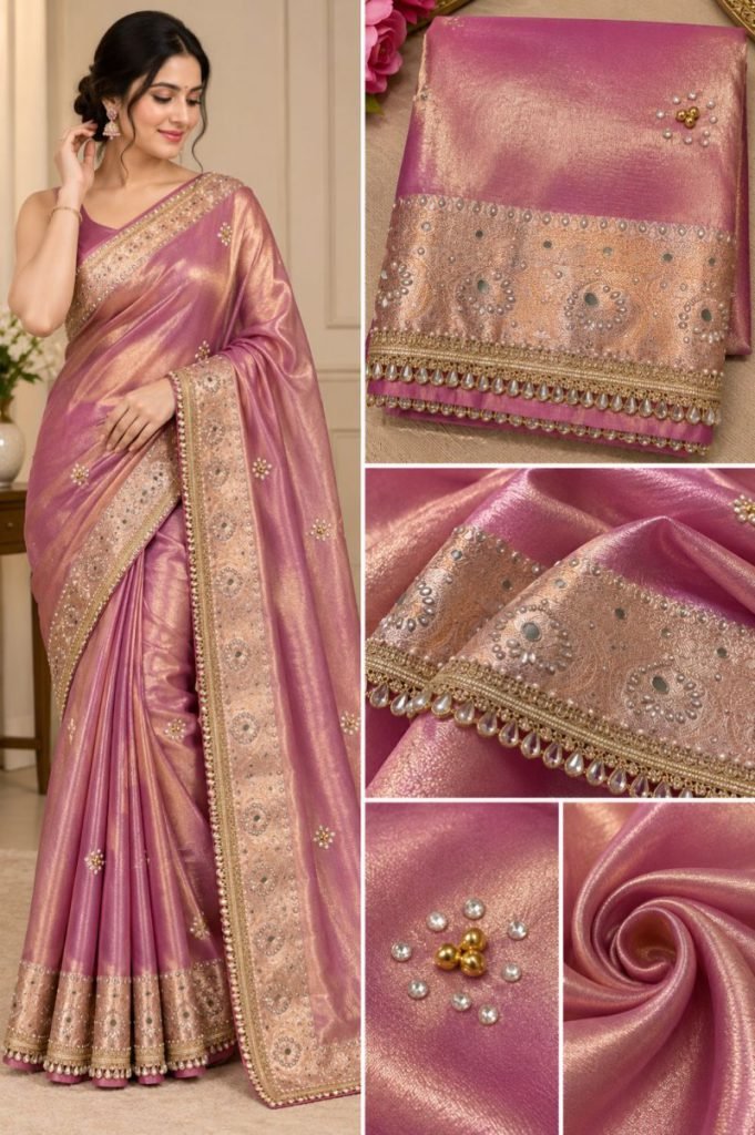 Pink Tissue Saree with Mirror Work Border