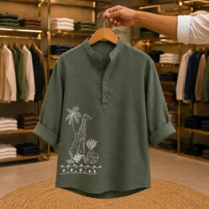 Men's Olive Green Premium Kurta Shirt – Subtle Designer Print Everyday Collection